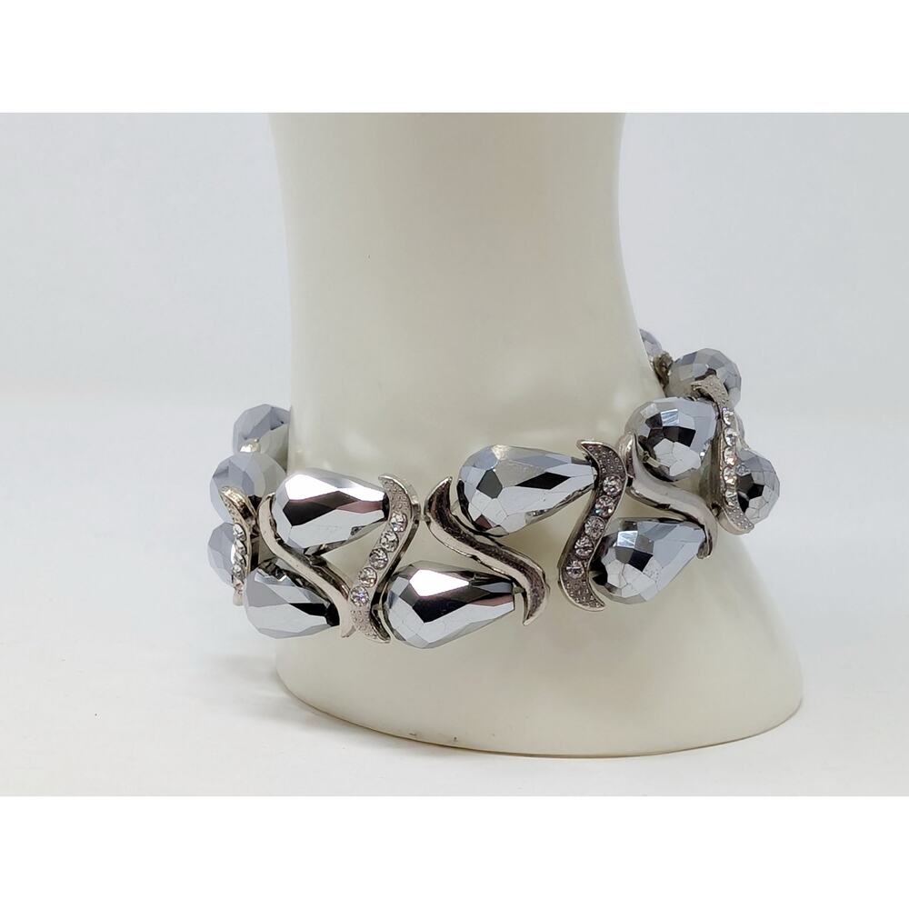 Smokey Gray Teardrop Beads Silver Tone Rhinestone Ornate Stretch Bracelet